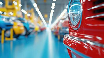 Close-up of a red car on an assembly line in an automotive factory, showcasing industrial manufacturing process in a modern facility. photo