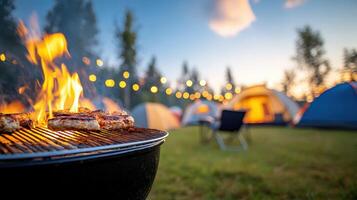 Close-up of sizzling burgers on a barbecue grill in a scenic campsite with tents and festive lights in the background at dusk. photo
