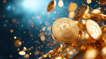 Golden Bitcoins floating in the air with blue background. Digital cryptocurrency concept. Investment and future of finance. photo