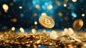 Golden Bitcoins floating above a pile, on a shimmering blue background. Symbol of cryptocurrency growth and digital finance evolution. photo