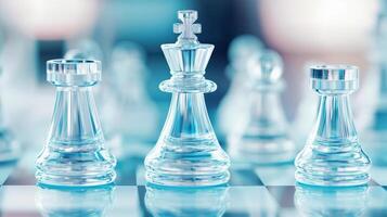 Glass chess pieces on a chessboard. The central focus is on a clear king surrounded by pawns, creating an elegant, strategic atmosphere. photo