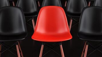 Red chair stands out among rows of black chairs, emphasizing individuality and unique design in a modern seating arrangement. photo