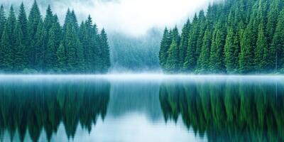 Serene misty lake surrounded by dense forest with calm water reflecting the lush green trees and soft morning fog. photo