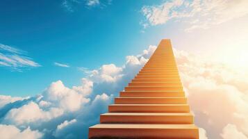 Stairway leading into the sky, symbolizing aspiration, dream, success, and growth, with clouds and vibrant sunlight in the background. photo