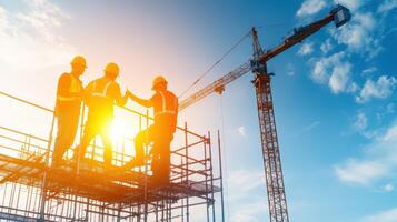 Three construction workers on scaffolding at a building site with a crane and sunset sky in the background, shaking hands. photo