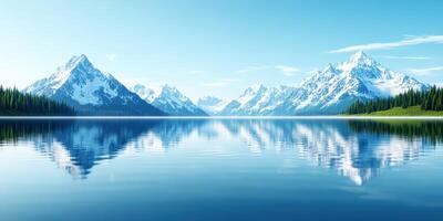 Stunning landscape of snow-capped mountains reflecting in a serene lake under a clear blue sky. Perfect nature scenery for travel and adventure. photo