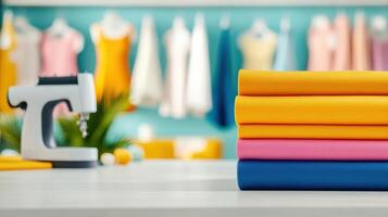 Stack of colorful fabrics beside sewing machine with dresses on hangers in the background, creating a vibrant sewing studio scene. photo
