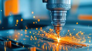 Close-up of an industrial laser cutting machine processing metal sheet with precision, emitting sparks. High-tech manufacturing. photo