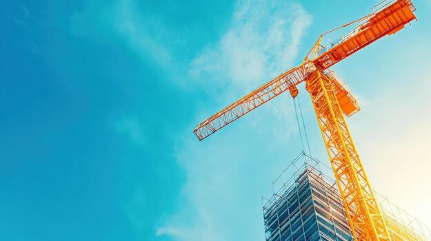 Tall construction crane next to a building being built against a bright blue sky with scattered clouds and sunlight. photo