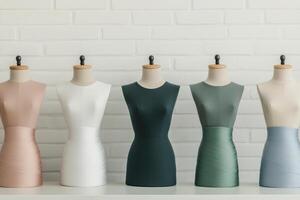 Row of fashion dressmaker mannequins displaying various colored fabrics against white brick wall. Perfect for showcasing design and tailoring concepts. photo