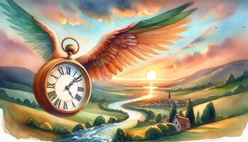 Surreal landscape with a flying clock, depicting the passage of time in a dreamlike setting. Illustration full of vibrant colors and imagination. photo