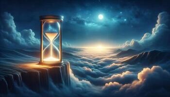 Magical hourglass on mountain above clouds under moonlight, symbolizing time and fantasy in a beautiful surreal landscape. photo