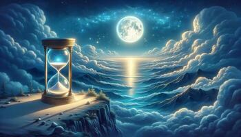 Surreal scene with an hourglass on a cliff, vast ocean, moonlit sky, and dramatic clouds reflecting the moonlight, capturing time's passage. photo