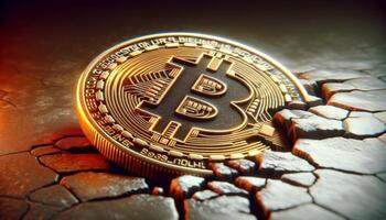 A close-up view of a golden Bitcoin placed in a cracked, dry surface, symbolizing digital currency and financial technology challenges. photo