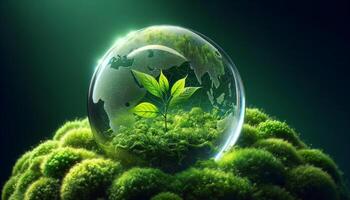 A glass globe encapsulating a small plant, symbolizing environmental conservation and growth, surrounded by lush greenery. photo