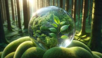 Eco-friendly concept with a glass sphere encasing green leaves and moss in a sunlit forest, symbolizing nature and sustainability. photo