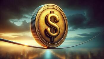 Golden dollar coin symbol balancing on a tightrope against a dramatic sky, representing financial balance and stability. photo
