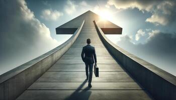 Businessman walking towards an upward arrow in the sky, symbolizing career growth and success under a cloudy sky with sunlight ahead. photo