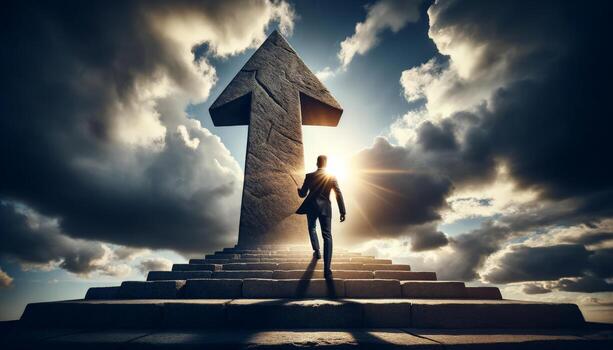 Man climbing stairs towards a large arrow, symbolizing growth and progress, against a dramatic sky with striking clouds. photo