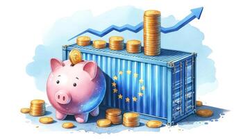 Piggy bank and container with EU flag, illustrating economic growth and savings with rising graph and stacked coins. photo