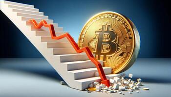 Bitcoin price crash concept with declining graph on staircase against falling golden Bitcoin coin. photo