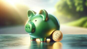 A green piggy bank with a gold coin, symbolizing savings and financial growth, set against a blurred outdoor background with soft sunlight. photo