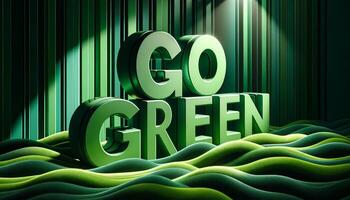 3D rendering of 'Go Green' text with green waves and vertical stripes background, emphasizing environmental awareness and sustainability. photo