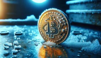 A frosty Bitcoin digital currency coin depicted against an icy background representing the cold storage concept in cryptocurrency security. photo