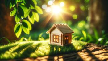 A miniature house model is placed on grass, illuminated by warm sunlight in a lush, green environment. photo