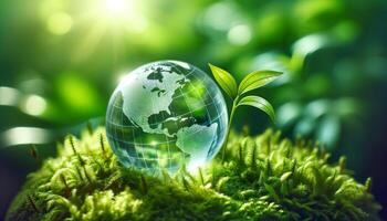 A clear globe resting on lush green moss, surrounded by vibrant foliage and sunlight, symbolizing environmental sustainability and global harmony. photo