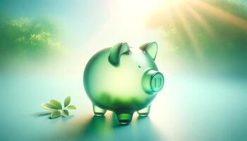 A serene, eco-friendly piggy bank glows in natural light, symbolizing sustainability, savings, and financial growth in an ethereal environment. photo
