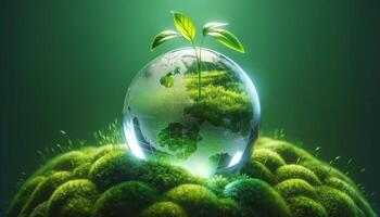 A small plant sprouts from a glass globe depicting Earth, symbolizing environmental growth and sustainability on a green mossy background. photo