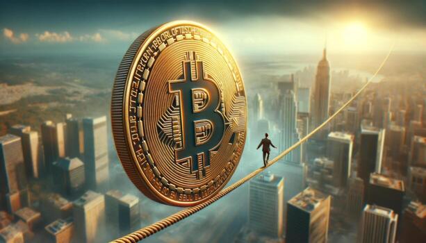 Digital art depicting bitcoin risk with a person balancing on a rope in a cityscape, highlighting cryptocurrency investment challenges. photo