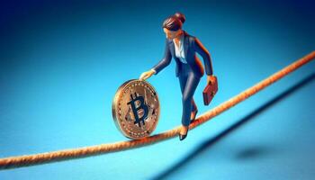 Businesswoman balancing on a tightrope with a Bitcoin symbol, representing cryptocurrency risks and challenges in a digital economy. photo