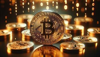 Close-up of golden Bitcoin surrounded by binary code and glowing lights, symbolizing cryptocurrency and digital finance concepts. photo
