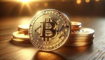 Golden Bitcoin coin with stacks of coins in the background, illuminated by a bright light, representing cryptocurrency investment and digital finance. photo