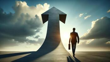 Silhouette of a man walking towards a large upward arrow, symbolizing growth, ambition, and progress against a dramatic sky background. photo