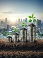 Stacks of coins with green plants symbolize financial growth and investment opportunity against a cityscape backdrop at sunrise. photo