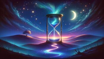 Surreal night landscape with glowing hourglass, starry sky, crescent moon, and illuminated path making it a mystical and enchanting scene. photo