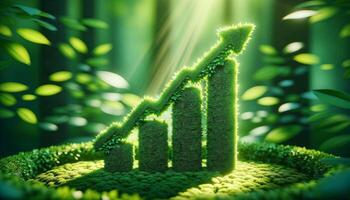 Green growth concept with eco-friendly bar chart and arrow. Sustainable development, environmental progress, and green economy symbol. photo