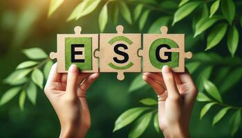 Hands holding ESG puzzle pieces with green leaves background, symbolizing environmental, social, and governance principles. photo