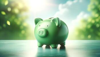 Green piggy bank under sunlight on a reflective surface with nature background, symbolizing savings and financial growth. photo