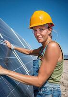 Female engineer in a safety helmet working on a solar panel installation outdoor. Renewable energy and sustainable technology concept. photo