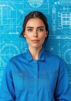Female engineer in blue coveralls posing in front of technical blueprint, symbolizing innovation and technology in engineering. photo