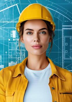 Confident female engineer in yellow hardhat and jacket, standing in front of architectural blueprint drawing, focused and determined. photo