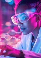 Female scientist in futuristic lab wearing transparent glasses, focused on research with digital technology and neon lights around her. photo