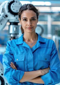 Confident female engineer in a blue jumpsuit standing with folded arms in a modern, high-tech industrial setting. photo