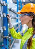 Female engineer in safety gear inspecting industrial equipment, ensuring proper functionality and safety standards in a factory environment. photo