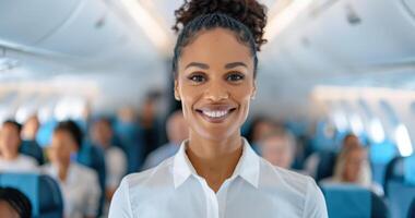 Smiling flight attendant standing in an airplane aisle with passengers in the background, showcasing air travel service and hospitality. photo