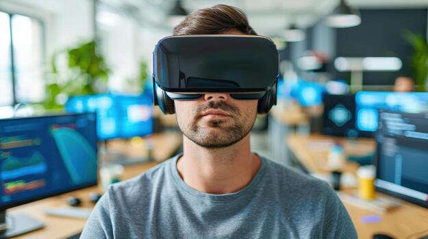 Man wearing virtual reality headset in modern office, exploring VR technology for business innovation and immersive digital experiences. photo